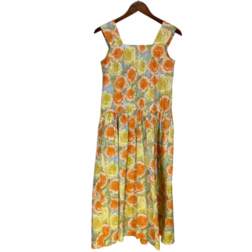 Belle Reve Floral Midi Button Up Dress XS Orange 100% Cotton Japanese Mori Girl - Picture 2 of 14